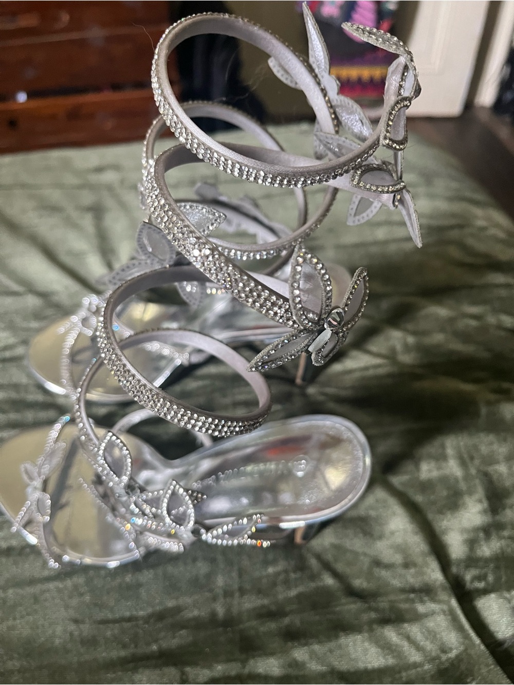 Wild Diva Silver Crystal Butterfly Wrap Around Strappy Heels